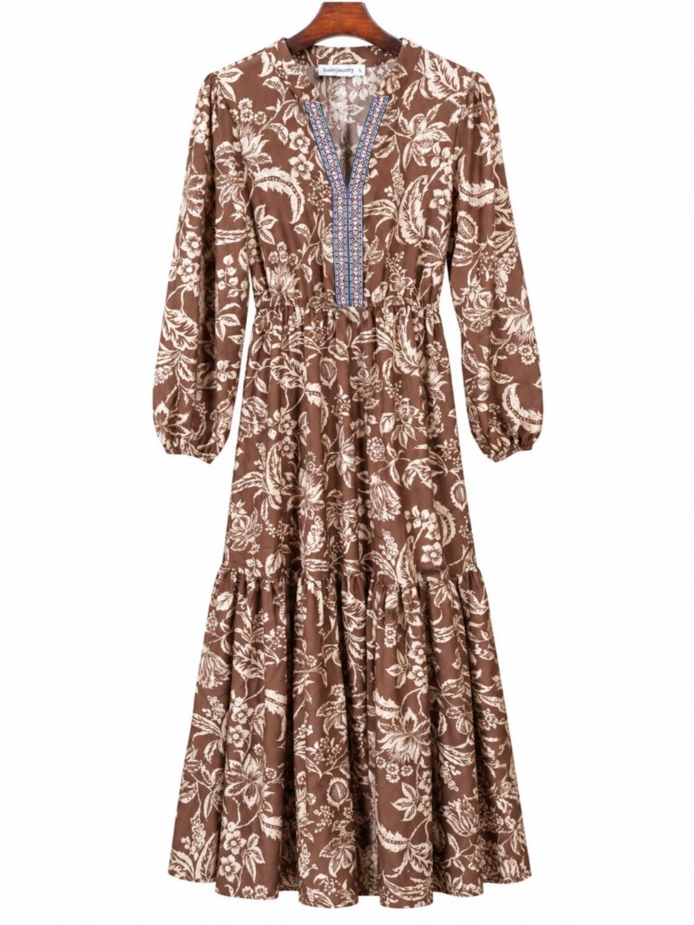 Rusttydustty Brown Floral Boho Maxi Dress Embroidered V Neck L